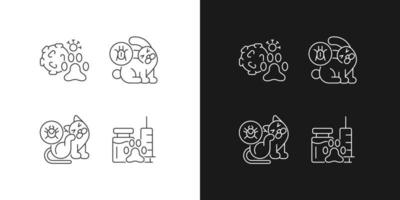 Pet parasites linear icons set for dark and light mode. Fleas and ticks. Ear infection. Domestic animal vaccine. Customizable thin line symbols. Isolated vector outline illustrations. Editable stroke