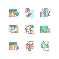 Small business financial support RGB color icons set. Tax and rental payments deduction. Discounts and grants. Isolated vector illustrations. Simple filled line drawings collection. Editable stroke