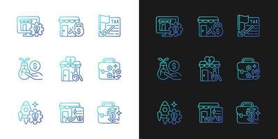Small business development support gradient icons set for dark and light mode. Website creation. Thin line contour symbols bundle. Isolated vector outline illustrations collection on black and white
