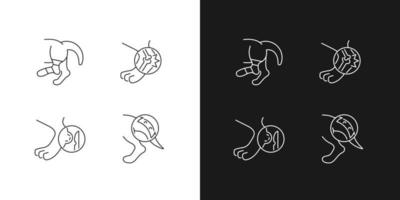 Animal injuries linear icons set for dark and light mode. Pet physical diseases. Limb sprains and trauma. Customizable thin line symbols. Isolated vector outline illustrations. Editable stroke