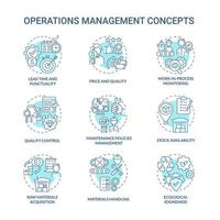 conjunto de iconos de concepto azul de gestión de operaciones. tiempo de espera. precio y calidad. idea de control de eficiencia de producción ilustraciones en color de línea fina. dibujos de contorno aislados vectoriales. trazo editable vector