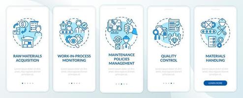 Operations managers duties blue onboarding mobile app page screen. Business walkthrough 5 steps graphic instructions with concepts. UI, UX, GUI vector template with linear color illustrations