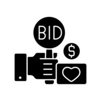 Charity auction black glyph icon. Fundraising event. Bidding for experimental assets. Public sales. Bargaining for antiques. Silhouette symbol on white space. Vector isolated illustration