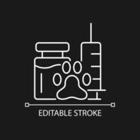 Vaccine white linear icon for dark theme. Pet immunization. Immunity strengthening preparation. Thin line customizable illustration. Isolated vector contour symbol for night mode. Editable stroke