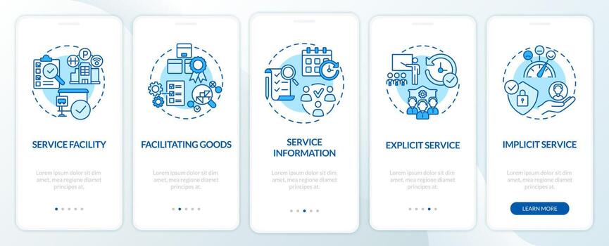 Service characteristics blue onboarding mobile app page screen. Operation management walkthrough 5 steps graphic instructions with concepts. UI, UX, GUI vector template with linear color illustrations