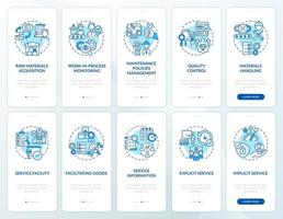 Operations management blue onboarding mobile app page screen set. Production control walkthrough 5 steps graphic instructions with concepts. UI, UX, GUI vector template with linear color illustrations