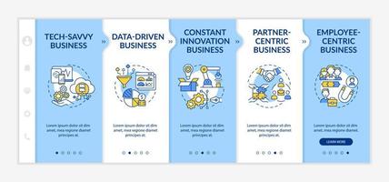 Business models approaches onboarding vector template. Responsive mobile website with icons. Web page walkthrough 5 step screens. Enterprise color concept with linear illustrations