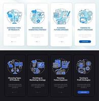 Business structures onboarding mobile app page screen. Company services walkthrough 4 steps graphic instructions with concepts. UI, UX, GUI vector template with night and day mode illustrations