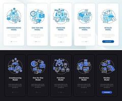 Business structure types onboarding mobile app page screen. Enterprise walkthrough 5 steps graphic instructions with concepts. UI, UX, GUI vector template with night and day mode illustrations