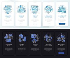 tipos de estructuras comerciales que incorporan la pantalla de la página de la aplicación móvil. tutorial de comercio 5 pasos instrucciones gráficas con conceptos. ui, ux, plantilla de vector de interfaz gráfica de usuario con ilustraciones en modo día y noche