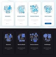 Business structure essentials onboarding mobile app page screen. Company walkthrough 4 steps graphic instructions with concepts. UI, UX, GUI vector template with night and day mode illustrations