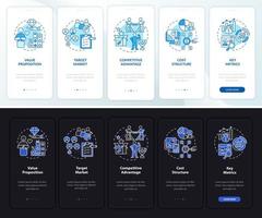 componentes de la estructura empresarial incorporando la pantalla de la página de la aplicación móvil. Tutorial de la empresa Instrucciones gráficas de 5 pasos con conceptos. ui, ux, plantilla de vector de interfaz gráfica de usuario con ilustraciones en modo día y noche