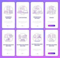 Mattress and spine health purple gradient onboarding mobile app page screen set. Walkthrough 4 steps graphic instructions with concepts. UI, UX, GUI vector template with linear color illustrations