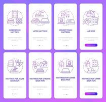colchón y salud de la columna vertebral, púrpura, degradado, incorporación, página de la aplicación móvil, conjunto de pantallas. tutorial 4 pasos instrucciones gráficas con conceptos. ui, ux, plantilla de vector de interfaz gráfica de usuario con ilustraciones en color lineal