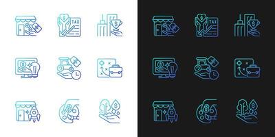 Small business financial support gradient icons set for dark, light mode. Tax payments deduction. Thin line contour symbols bundle. Isolated vector outline illustrations collection on black and white