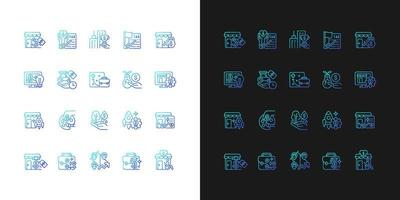 Small business incentives gradient icons set for dark and light mode. Startups financial support. Thin line contour symbols bundle. Isolated vector outline illustrations collection on black and white