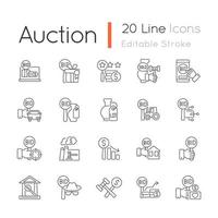 Auction linear icons set. Competitive bargaining. Bidding for item. Public sales. Selling property. Customizable thin line contour symbols. Isolated vector outline illustrations. Editable stroke