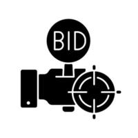 Auction sniping black glyph icon. Bidding competition online. Sniping software. Overbid rivals. Highest bid wins. Sales on internet. Silhouette symbol on white space. Vector isolated illustration