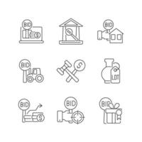 Types of bargaining linear icons set. Auction house. Bidding for farm equipment. Auction winner. Customizable thin line contour symbols. Isolated vector outline illustrations. Editable stroke