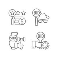 Auction components linear icons set. Silent bidding. Auction sniping. Auctioneer. Appraisal process. Customizable thin line contour symbols. Isolated vector outline illustrations. Editable stroke