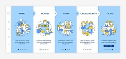 Social role example onboarding vector template. Responsive mobile website with icons. Web page walkthrough 5 step screens. People position in community color concept with linear illustrations