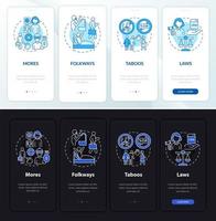 Social norms onboarding mobile app page screen. Moral culture rule walkthrough 4 steps graphic instructions with concepts. UI, UX, GUI vector template with linear night and day mode illustrations