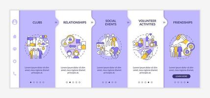 Social participation example onboarding vector template. Responsive mobile website with icons. Web page walkthrough 5 step screens. Activity in society color concept with linear illustrations