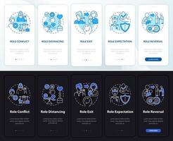 Social role actions concept onboarding mobile app page screen. Walkthrough 5 steps graphic instructions with concepts. UI, UX, GUI vector template with linear night and day mode illustrations