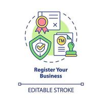 Register your business concept icon. Startup launch. Official documents to start entrepreneurship abstract idea thin line illustration. Vector isolated outline color drawing. Editable stroke