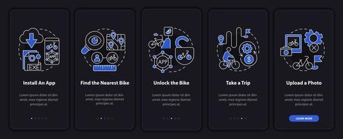 Bike-share guide onboarding mobile app page screen. Uploading photo walkthrough 5 steps graphic instructions with concepts. UI, UX, GUI vector template with linear night mode illustrations