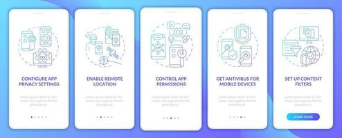 Cyber safety keeping tips onboarding mobile app page screen. Information protect walkthrough five steps graphic instructions with concepts. UI, UX, GUI vector template with linear color illustrations
