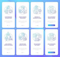 Saving privacy online tips set onboarding mobile app page screen. Safe data walkthrough eight steps graphic instructions with concepts. UI, UX, GUI vector template with linear color illustrations