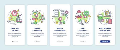 consejos para impulsar el inicio de la incorporación de la pantalla de la página de la aplicación móvil. tutorial de emprendimiento 5 pasos instrucciones gráficas con conceptos. ui, ux, plantilla de vector de interfaz gráfica de usuario con ilustraciones en color lineal