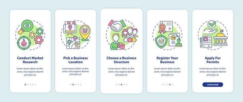 Small business starting tips onboarding mobile app page screen. Startup walkthrough 5 steps graphic instructions with concepts. UI, UX, GUI vector template with linear color illustrations