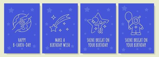 Cosmic birthday celebration postcard with linear glyph icon set. Greeting card with decorative vector design. Simple style poster with creative lineart illustration. Flyer with holiday wish