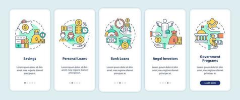 Small business financial tips onboarding mobile app page screen. Startup launch walkthrough 5 steps graphic instructions with concepts. UI, UX, GUI vector template with linear color illustrations