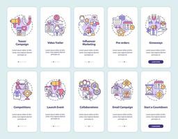 Small business launch tips onboarding mobile app page screen set. Startup boost walkthrough 5 steps graphic instructions with concepts. UI, UX, GUI vector template with linear color illustrations