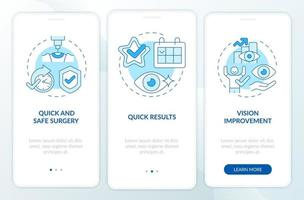 Pros of laser eye surgery blue onboarding mobile app page screen. Vision surgery walkthrough 3 steps graphic instructions with concepts. UI, UX, GUI vector template with linear color illustrations