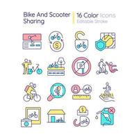 conjunto de iconos de colores rgb para compartir bicicletas y scooters. infraestructura apta para el ciclismo. pagar por el uso de la bicicleta. desorden visual. ilustraciones vectoriales aisladas. colección de dibujos de líneas rellenas simples. trazo editable vector