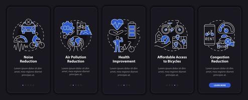 Bike-share program impact onboarding mobile app page screen. Improve health walkthrough 5 steps graphic instructions with concepts. UI, UX, GUI vector template with linear night mode illustrations