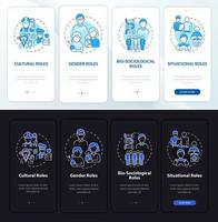 Social roles set onboarding mobile app page screen. Person engagement walkthrough 4 steps graphic instructions with concepts. UI, UX, GUI vector template with linear night and day mode illustrations