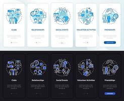 Social participation set onboarding mobile app page screen. Activity walkthrough 4 steps graphic instructions with concepts. UI, UX, GUI vector template with linear night and day mode illustrations