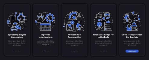 Bike sharing advantages onboarding mobile app page screen. Good transportation walkthrough 5 steps graphic instructions with concepts. UI, UX, GUI vector template with linear night mode illustrations