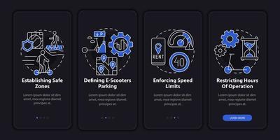 Public bicycle scheme rules onboarding mobile app page screen. Safe zones walkthrough 4 steps graphic instructions with concepts. UI, UX, GUI vector template with linear night mode illustrations