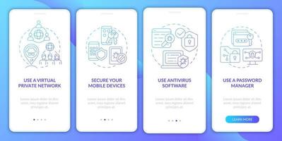 Digital privacy saving tips onboarding mobile app page screen. Internet safety walkthrough four steps graphic instructions with concepts. UI, UX, GUI vector template with linear color illustrations