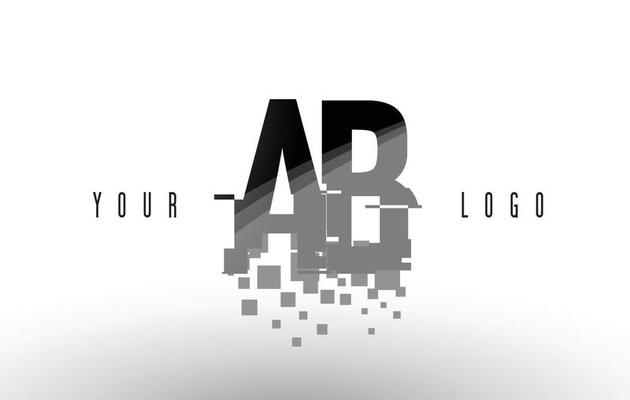 AB A B Pixel Letter Logo with Digital Shattered Black Squares