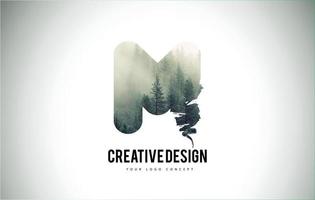 M Letter Brush with Forest Fog Texture. Forest Trees Letter Logo Design. vector