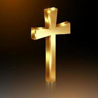 Cruz de oro 3d de luz, cruz brillante con textura de lámina dorada, símbolo del cristianismo. símbolo de esperanza y fe. Ilustración de vector aislado sobre fondo degradado negro