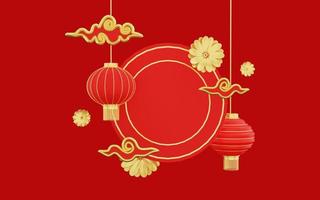 Representación 3D de feliz año nuevo chino con linterna sobre fondo rojo. foto