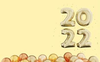 Representación 3D de feliz año nuevo 2022 con globos y confeti sobre fondo amarillo